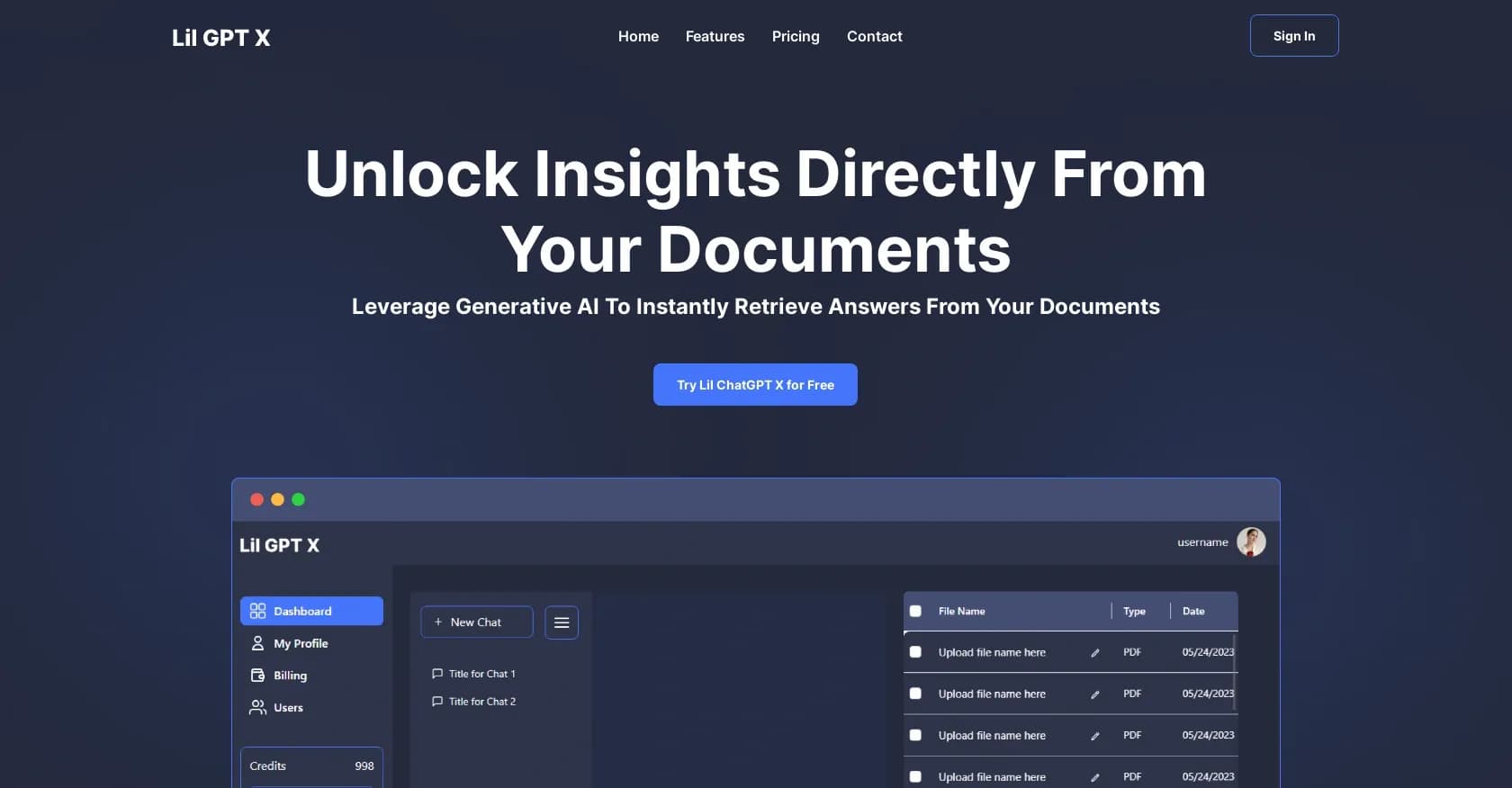 Lil GPT X homepage screenshot — Unlock document insights with AI-powered search.