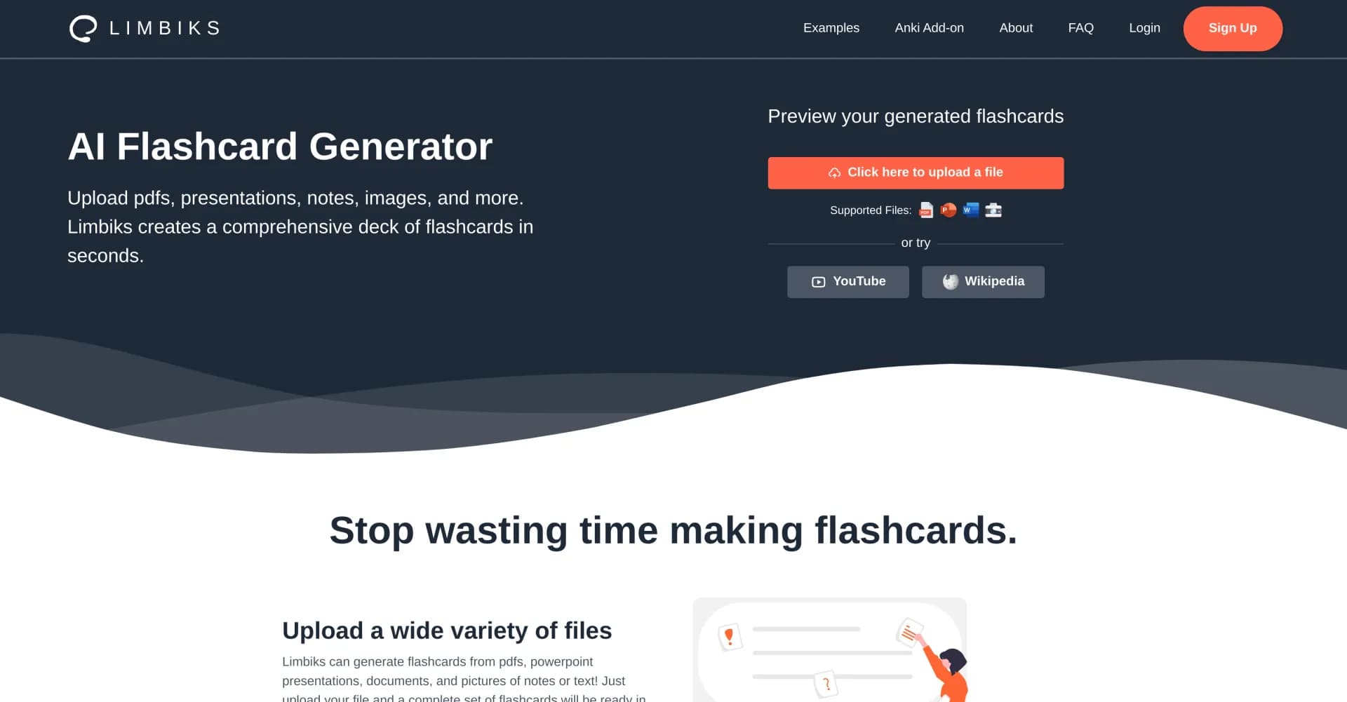 Limbiks homepage screenshot — Turn any learning material into instant flashcards.