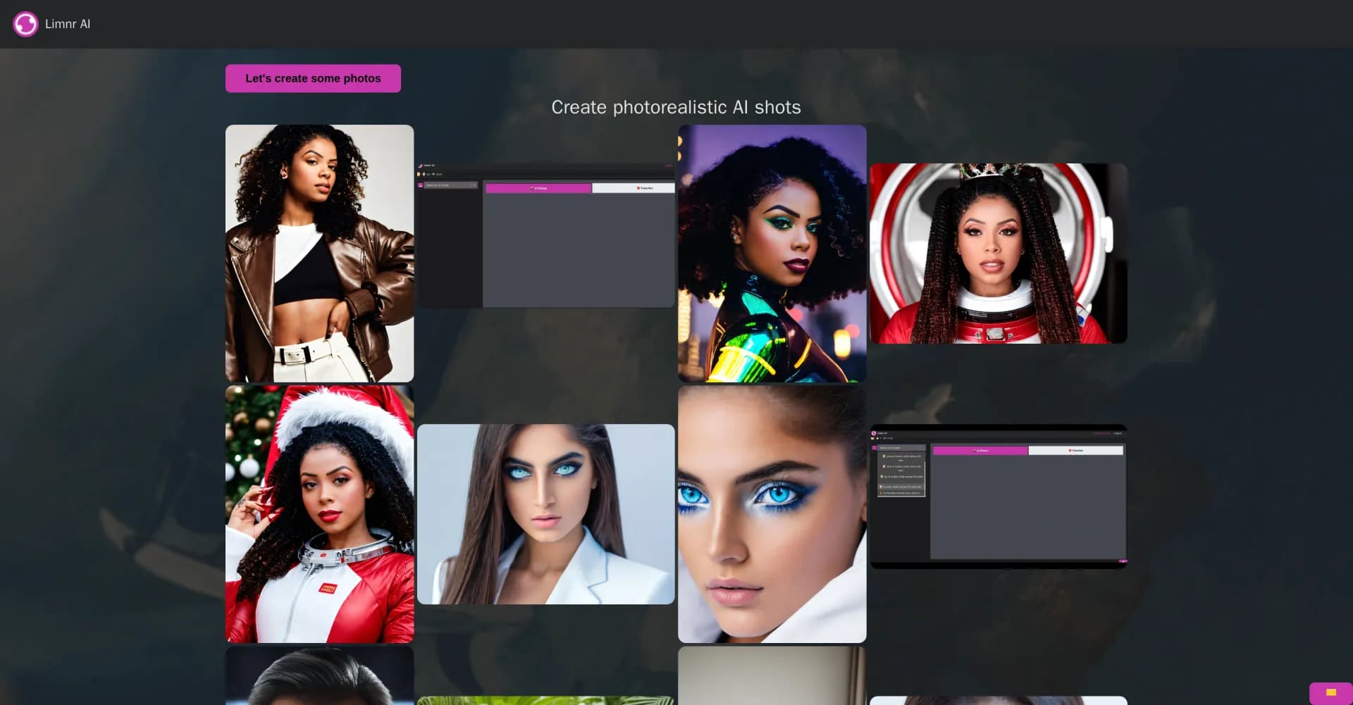 Limnr homepage screenshot — Create photorealistic AI shots and teeny toony things.