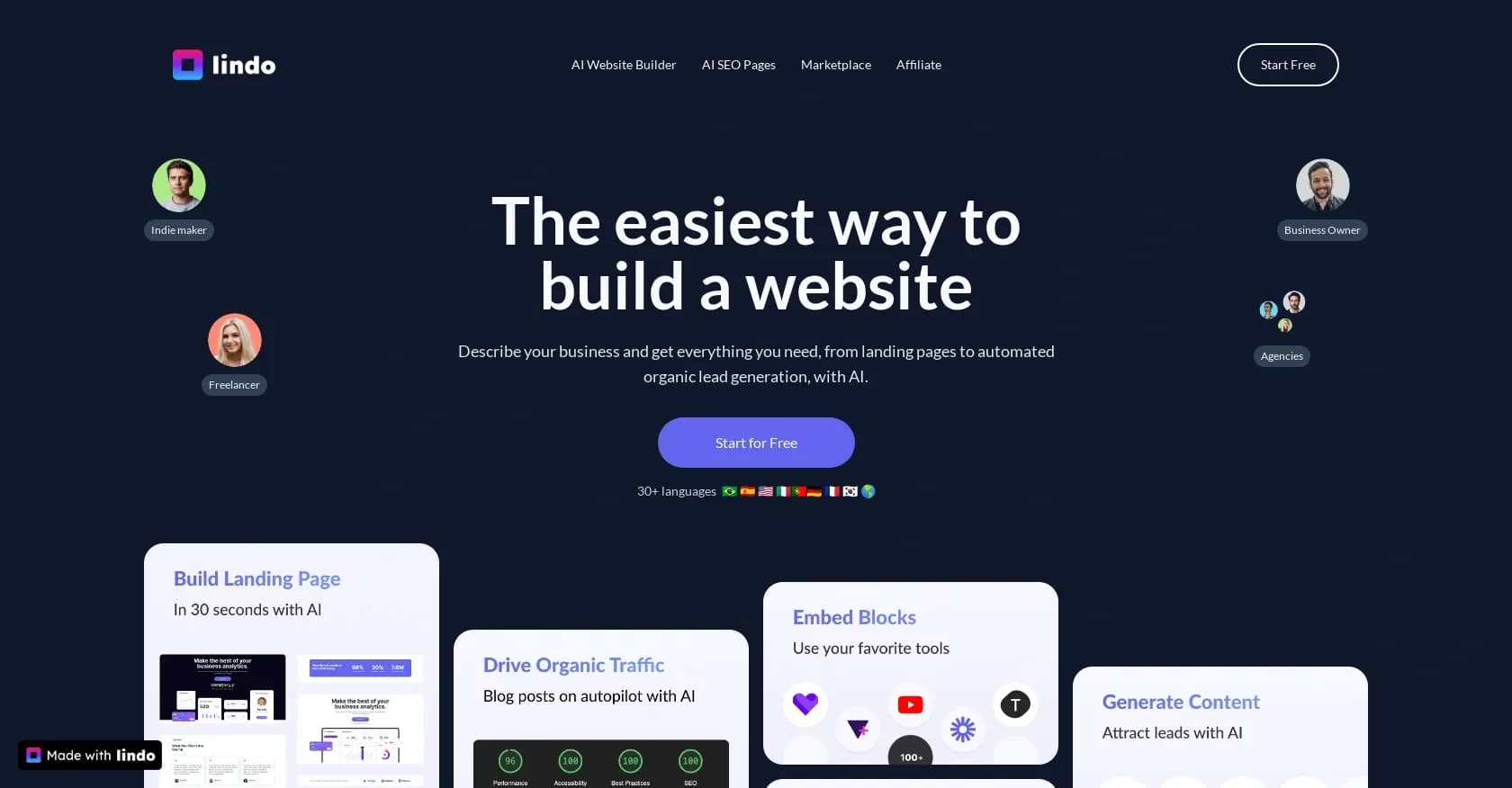 Lindo homepage screenshot — AI-powered website builder for effortless growth