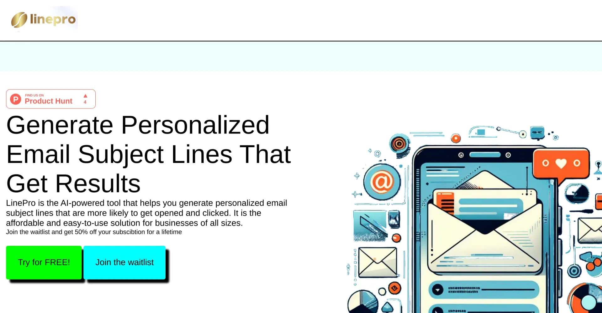 LinePro homepage screenshot — AI-powered email subject lines that boost open rates