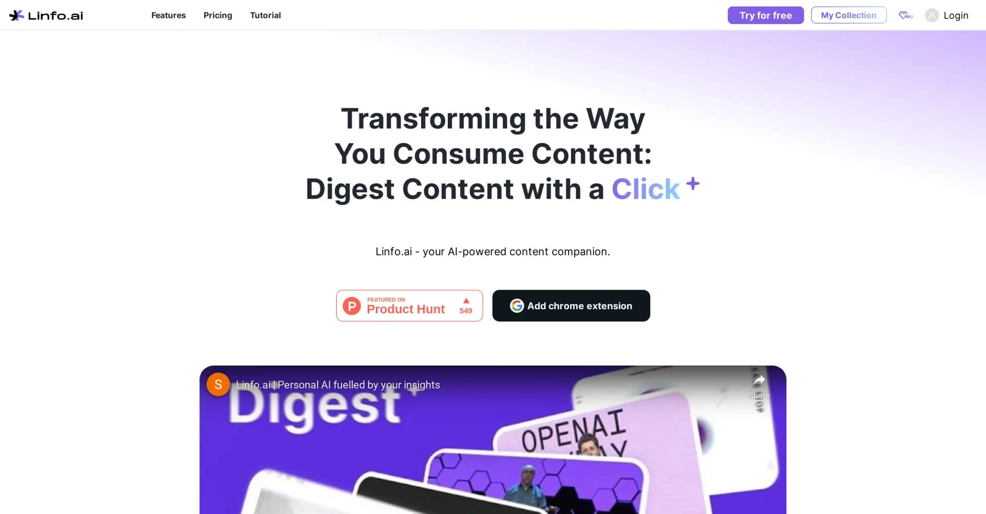 Linfo homepage screenshot — Transform content into structured, actionable insights.