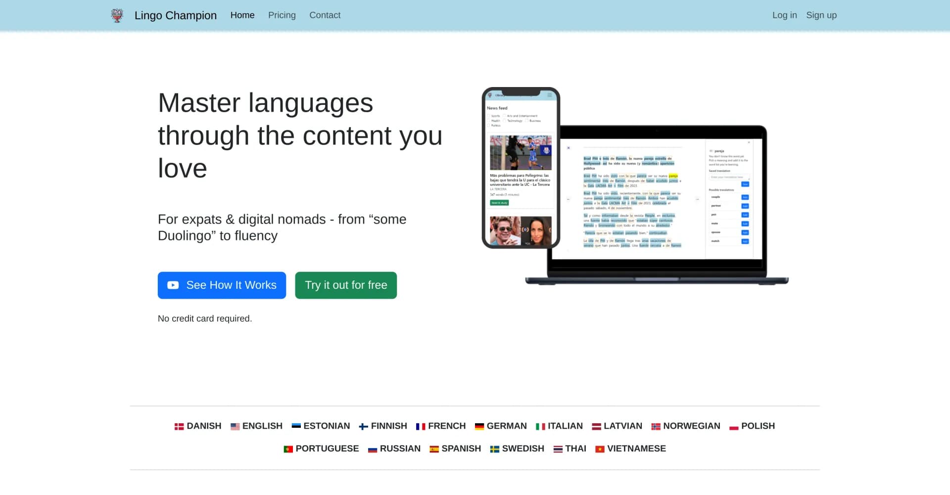 Lingo Champion homepage screenshot — Master languages through content you love — news, videos, fl