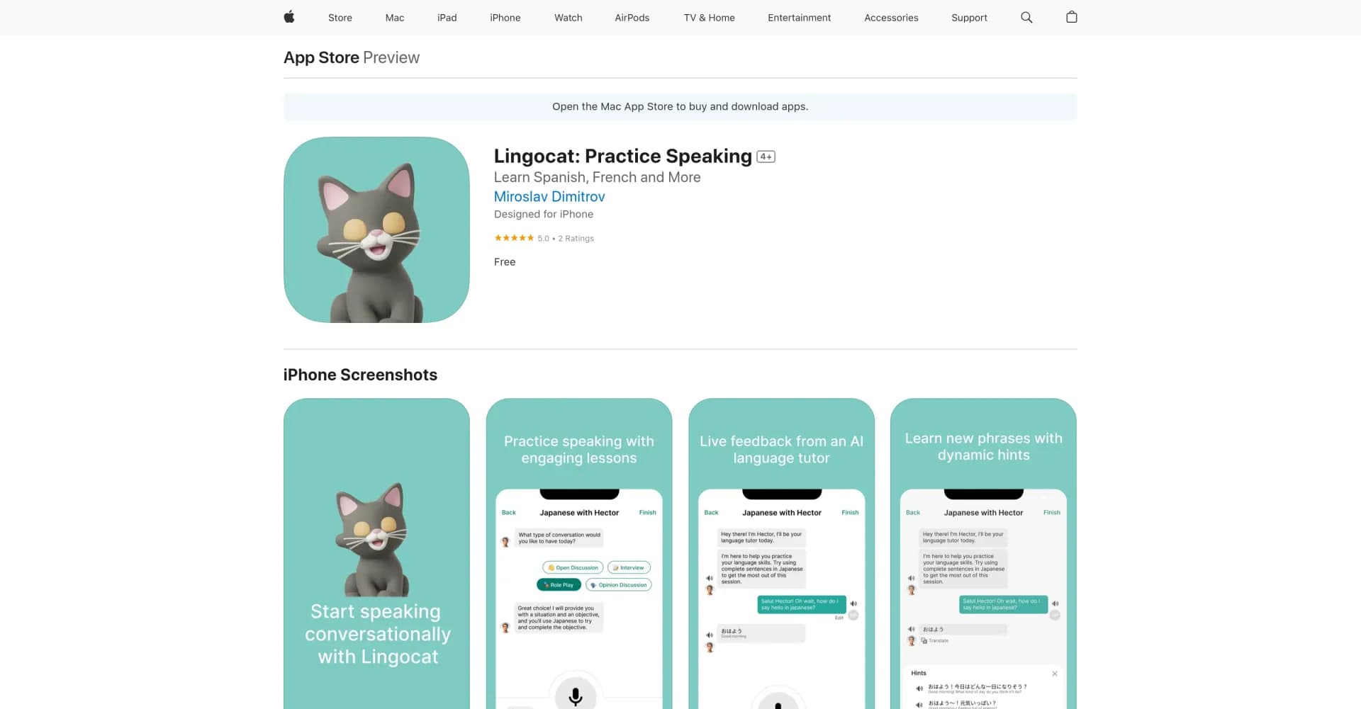 Lingocat: Practice Speaking homepage screenshot — Practice speaking new languages effortlessly.