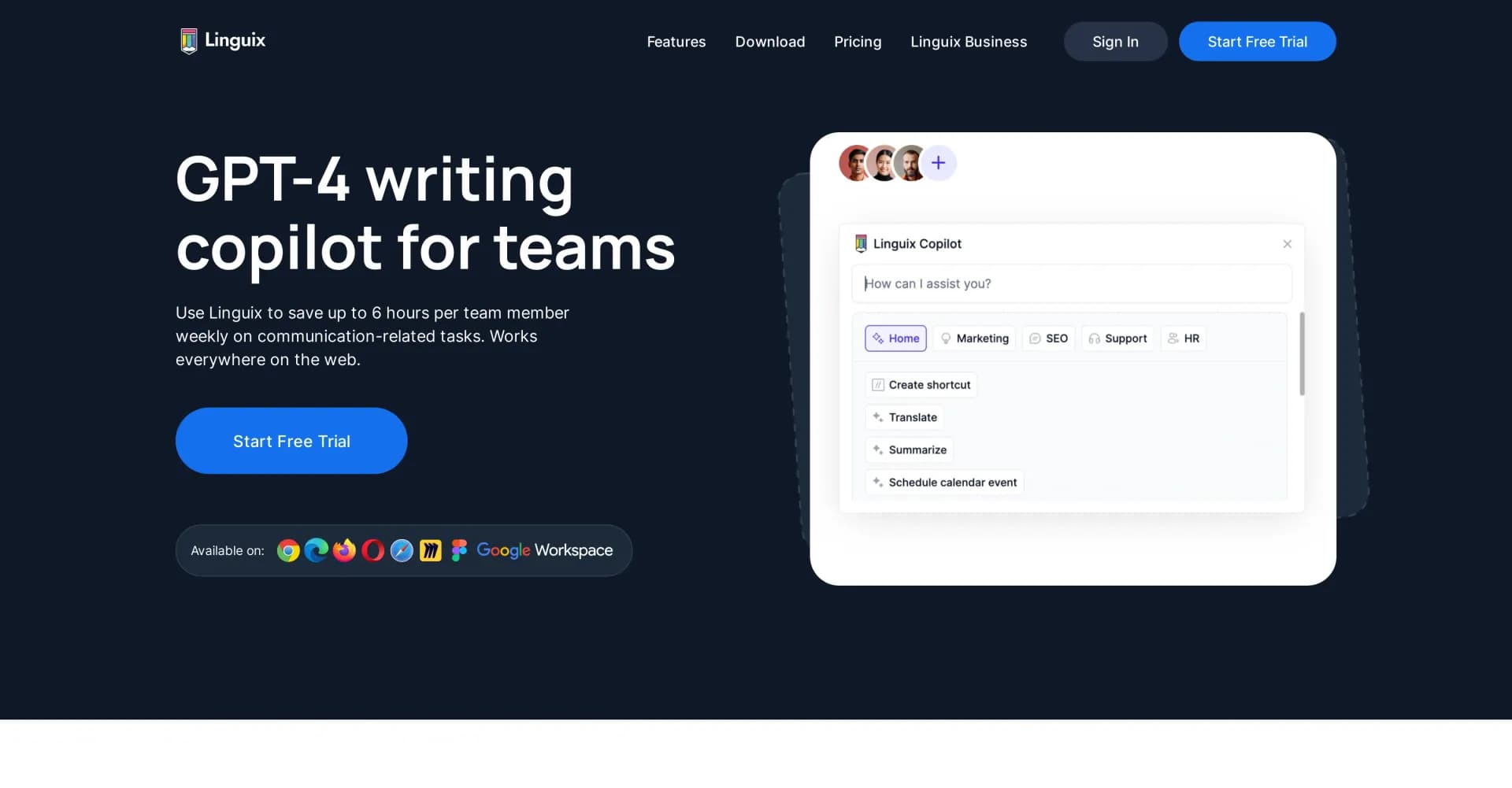 Linguix homepage screenshot — Boost team productivity with AI-powered writing assistance.
