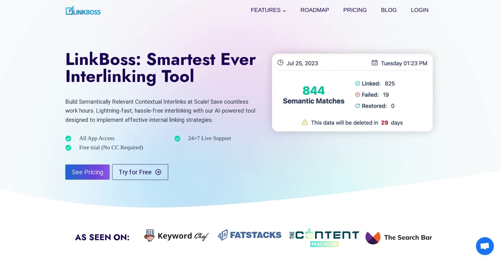 LinkBoss homepage screenshot — Build smart contextual interlinks at scale.