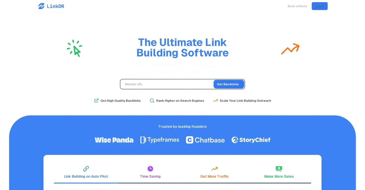 LinkDR homepage screenshot — Land high-DR backlinks automatically