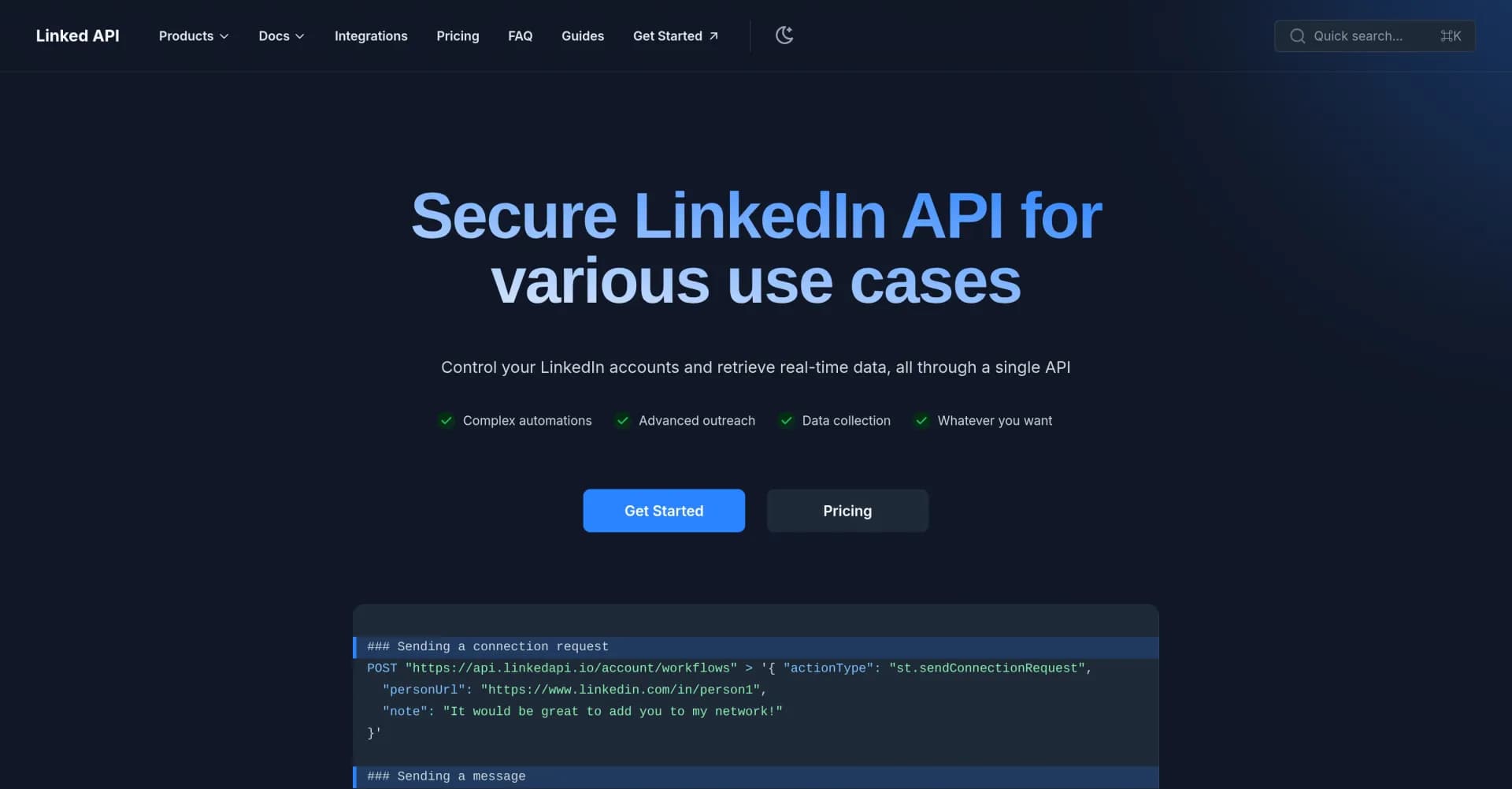 Linked API homepage screenshot — Secure LinkedIn API for various use cases