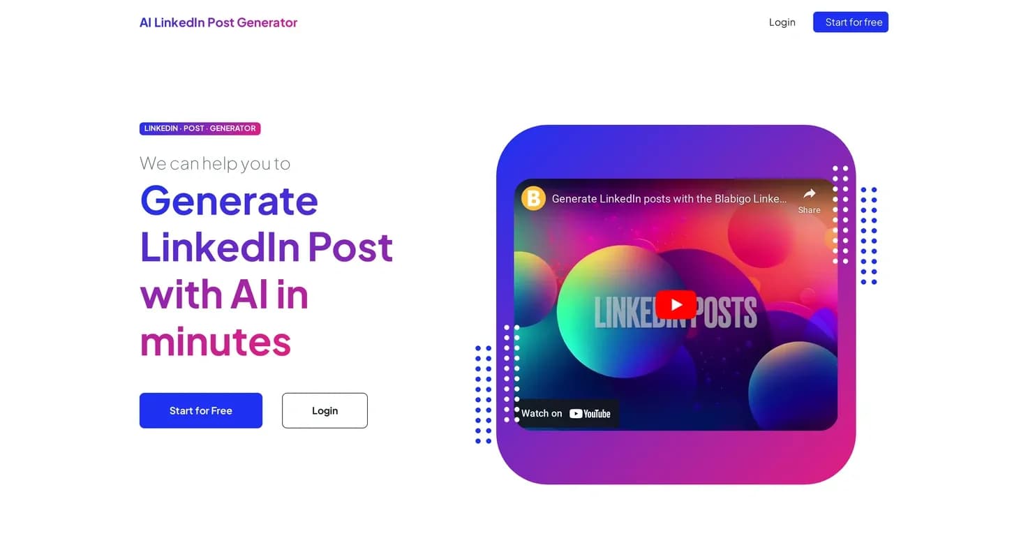 LinkedIn Post Generator AI homepage screenshot — Generate LinkedIn posts with AI in minutes