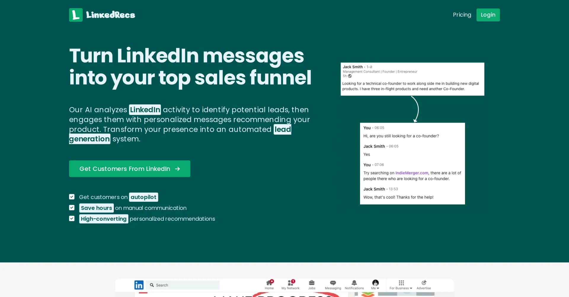 LinkedRecs homepage screenshot — Turn LinkedIn messages into your top sales funnel.