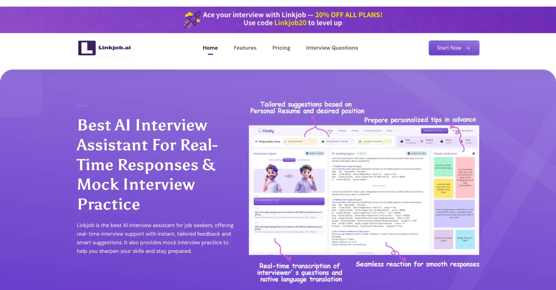 Linkjob homepage screenshot — AI interview assistant for real-time support and practice.