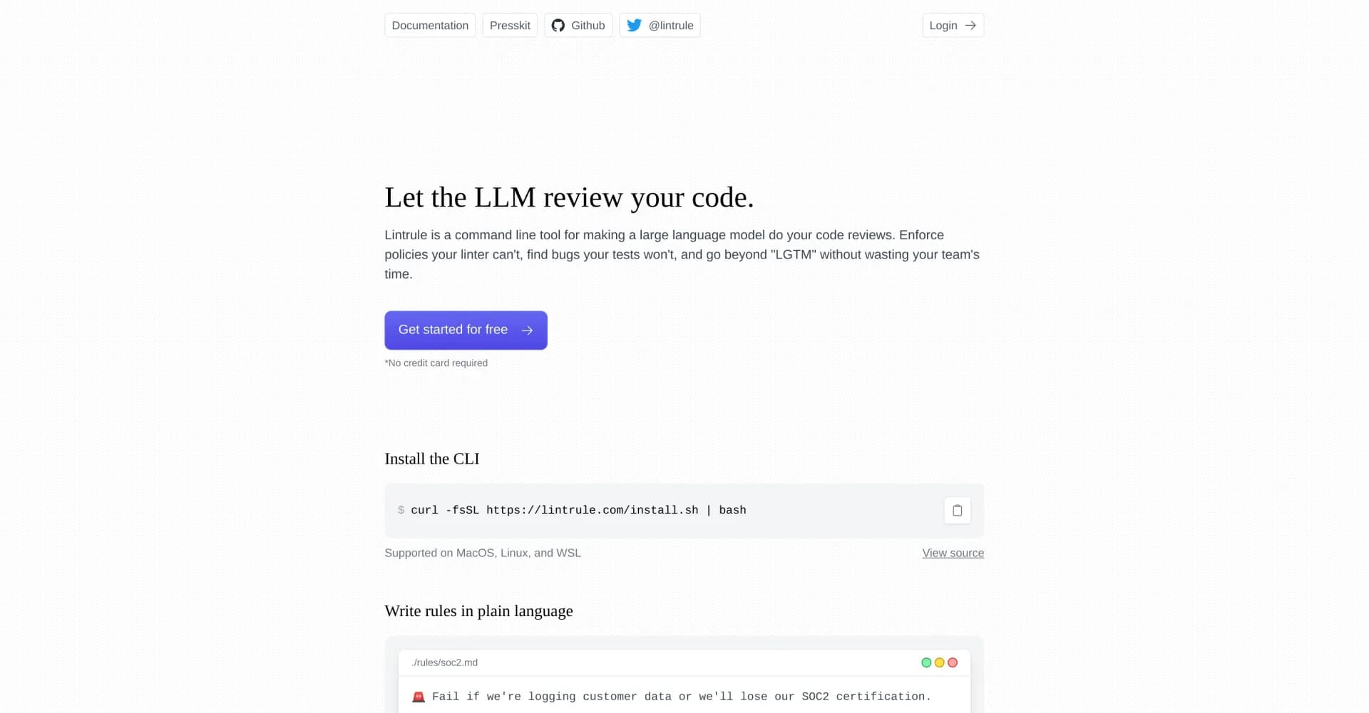 Lintrule homepage screenshot — Let AI do your code reviews.