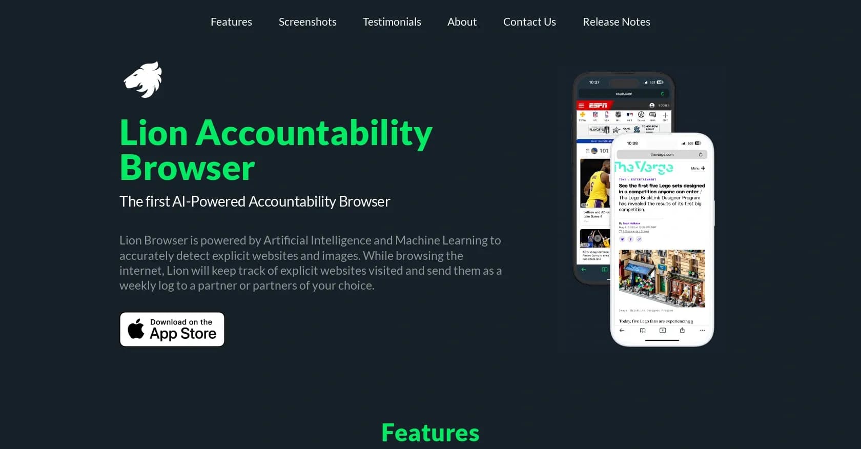 Lion Browser homepage screenshot — AI-powered browser for internet accountability and parental 