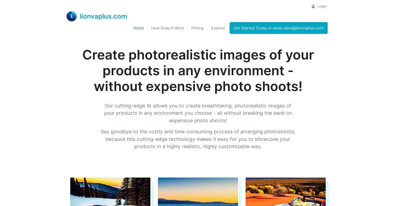 Lionvaplus homepage screenshot — Create stunning product images with AI, no photo shoots need