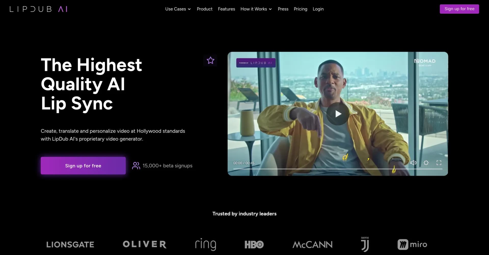 LipDub AI homepage screenshot — Realistic AI lip sync and video translation.