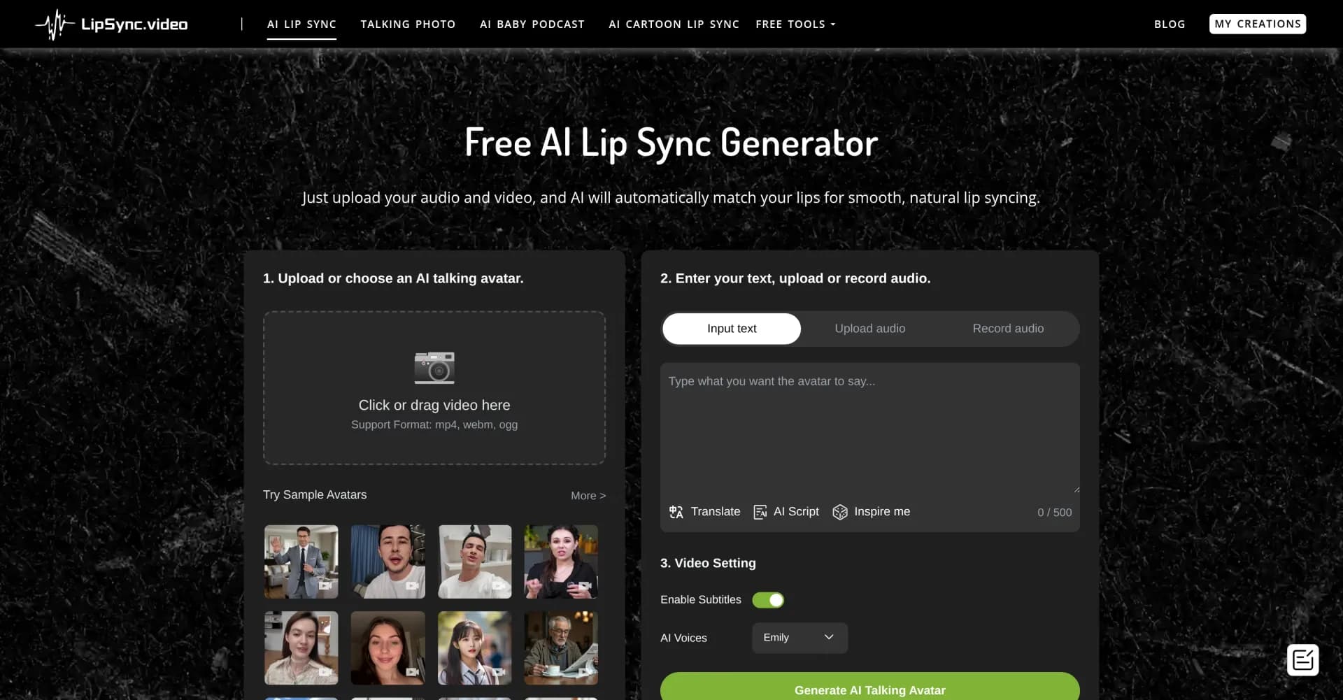 LipSync Video homepage screenshot — Upload audio and video, AI matches lips automatically.