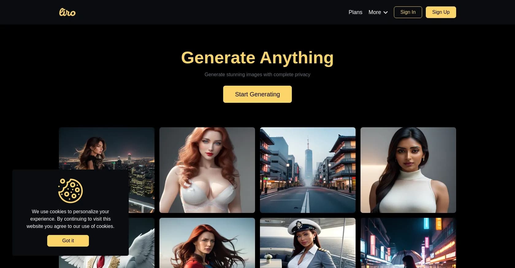 Liro.ai homepage screenshot — Generate stunning images in one click.