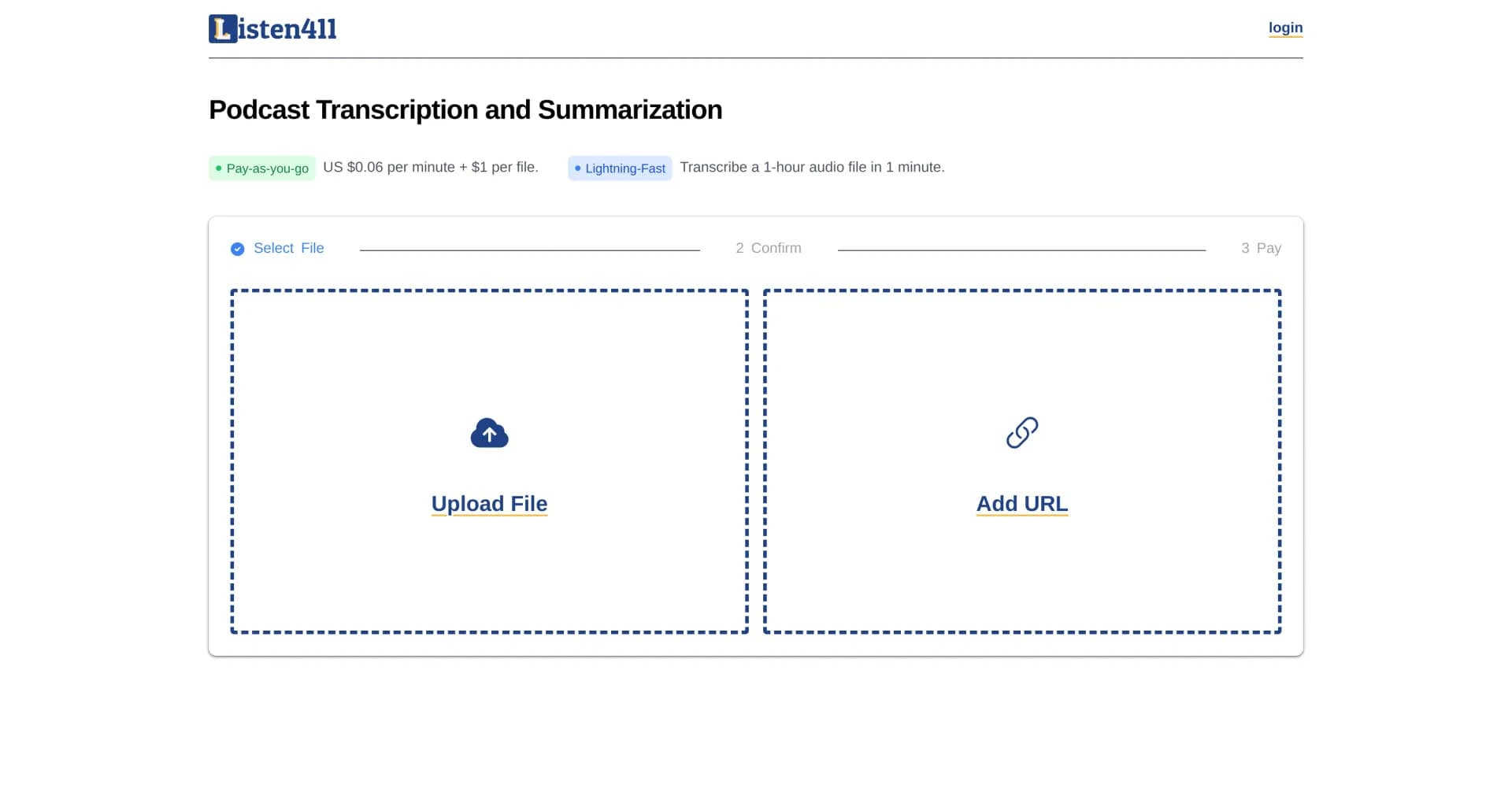 Listen411 homepage screenshot — Fast podcast transcription and summarization in minutes