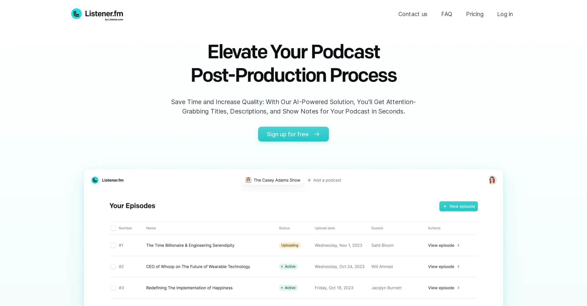 Listener homepage screenshot — Enhance your podcast with AI-powered titles and notes.