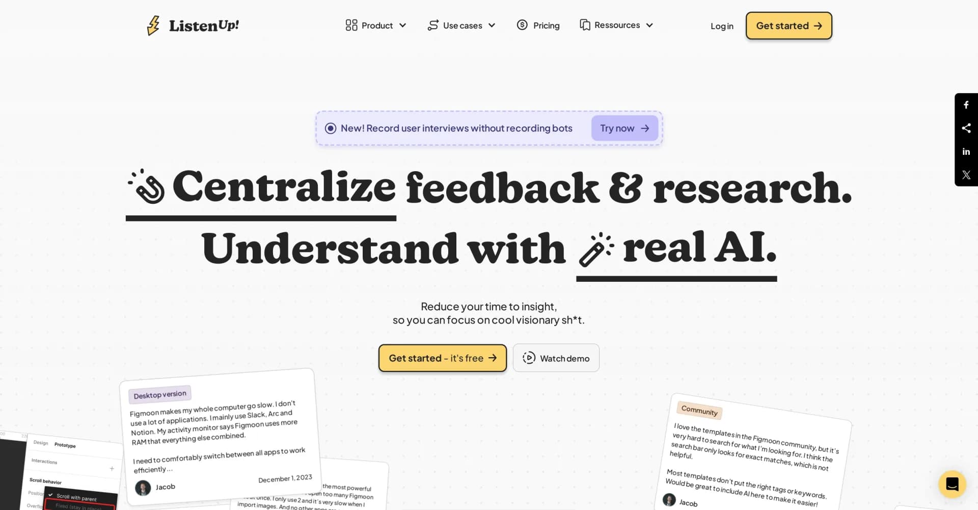 ListenUp! homepage screenshot — Centralize feedback. Understand with AI.