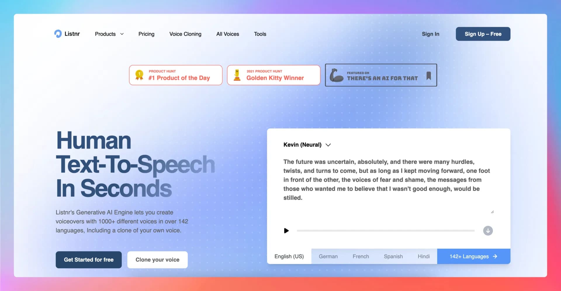 Listnr AI homepage screenshot — 1000+ voices. 142+ languages. Audio shareable.