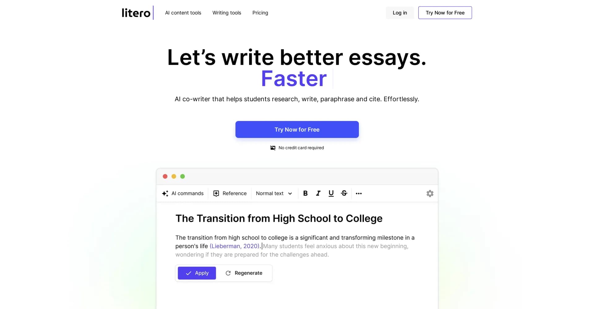 Litero homepage screenshot — AI co-writer for smarter student essays