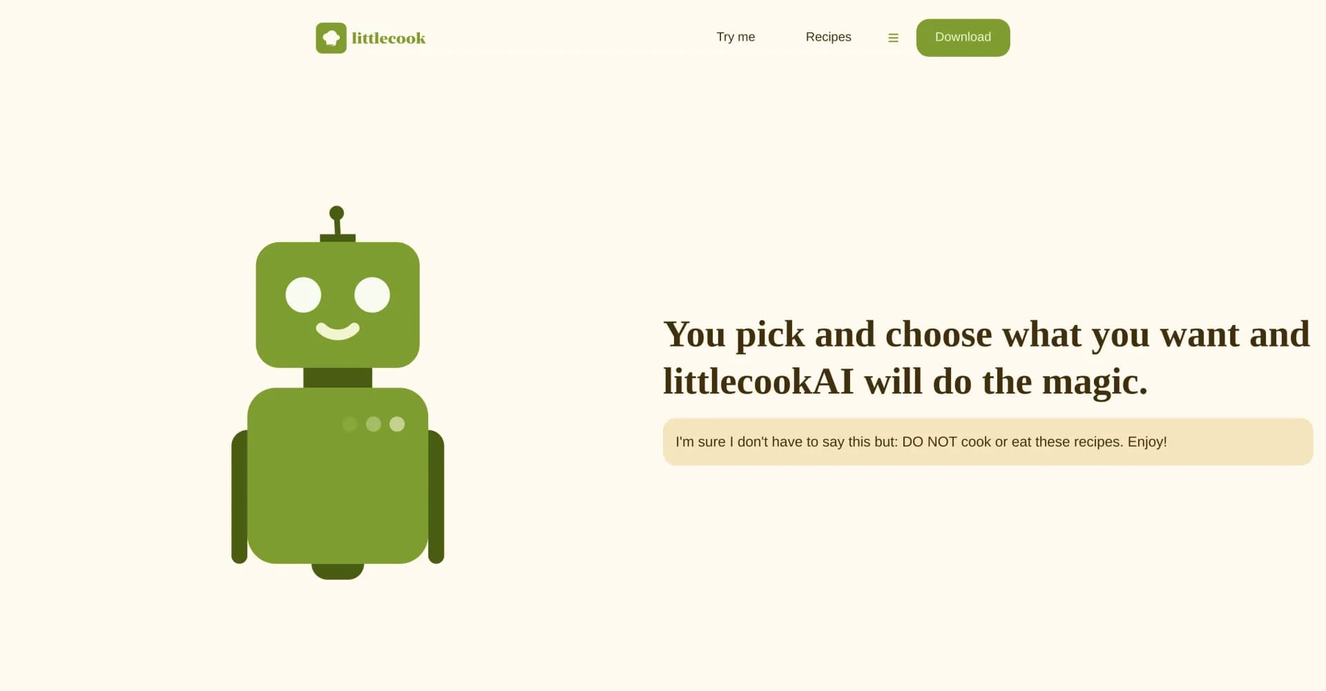 Littlecook homepage screenshot — Create unique recipes with AI-powered ingredient magic.