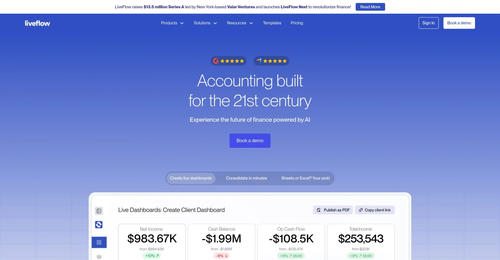 LiveFlow homepage screenshot — Automate finance with intelligent reporting and dashboards