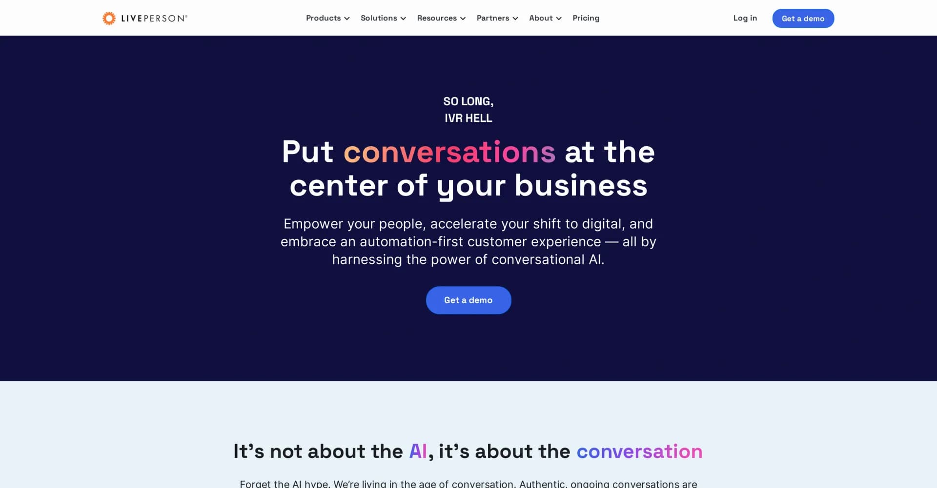 LivePerson homepage screenshot — Deliver personalized AI experiences for better customer enga