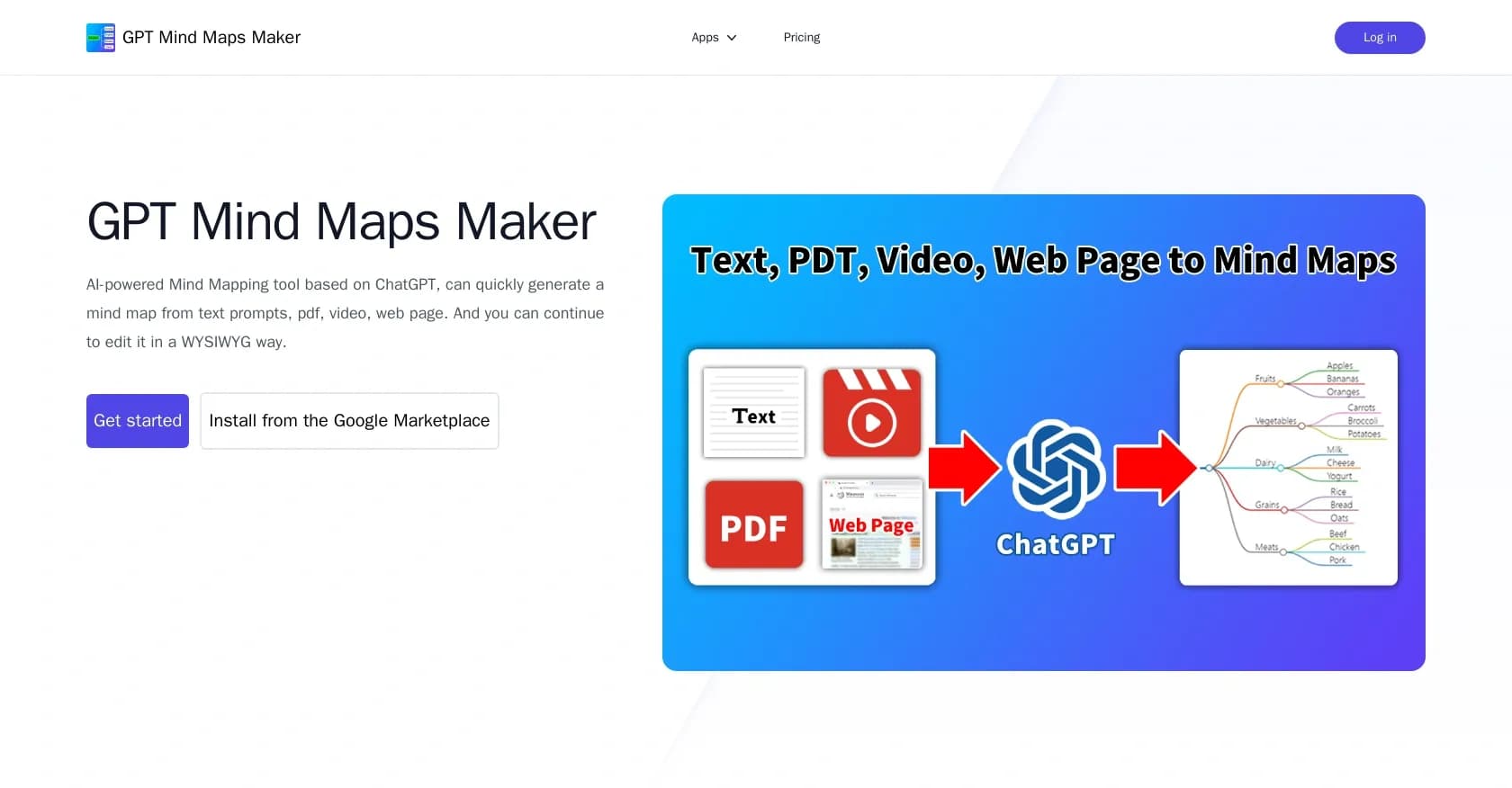 Livepolls Mindmaps homepage screenshot — Generate mind maps instantly from any content