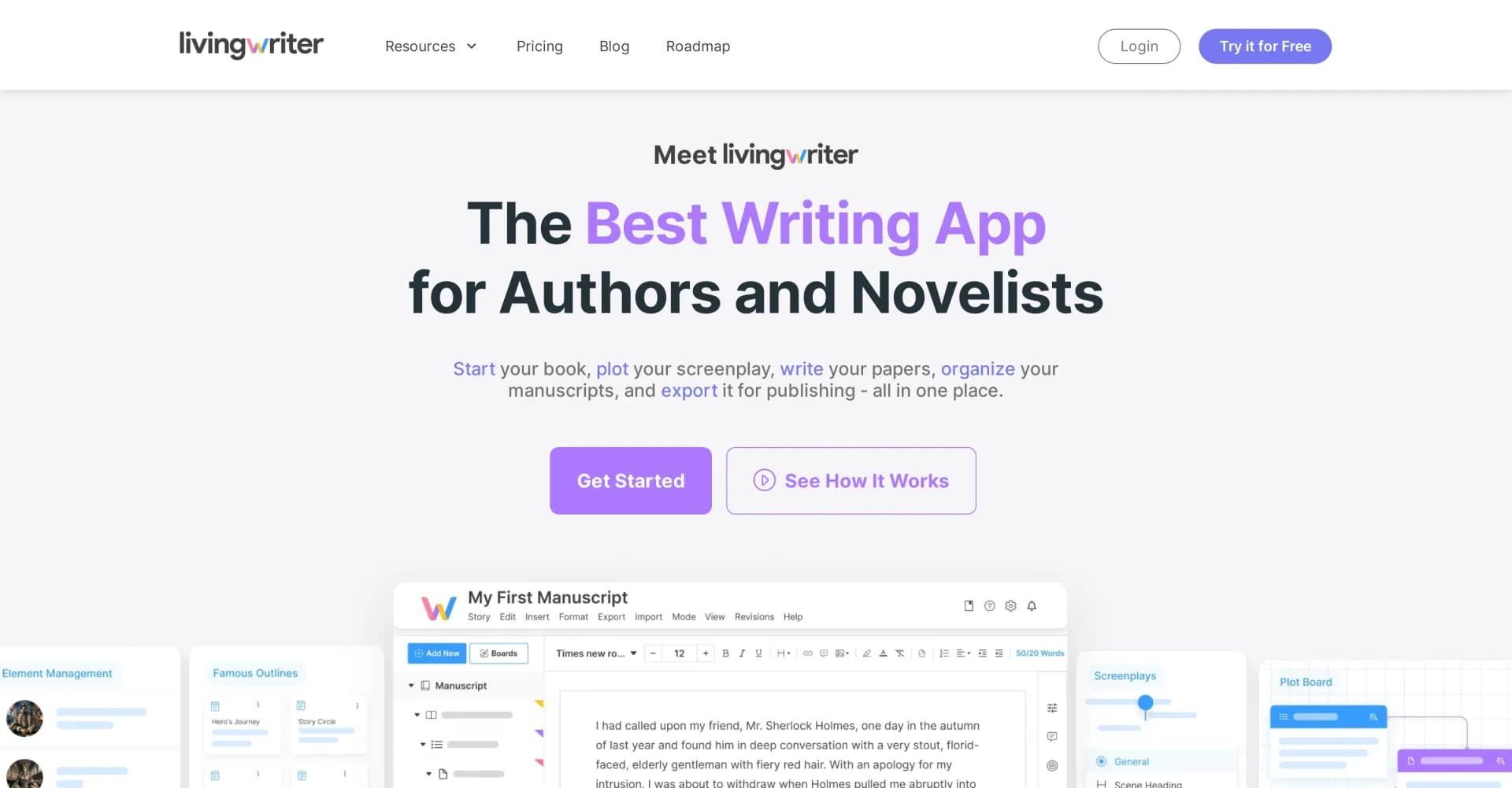 LivingWriter homepage screenshot — Bring stories to life with smart writing tools.