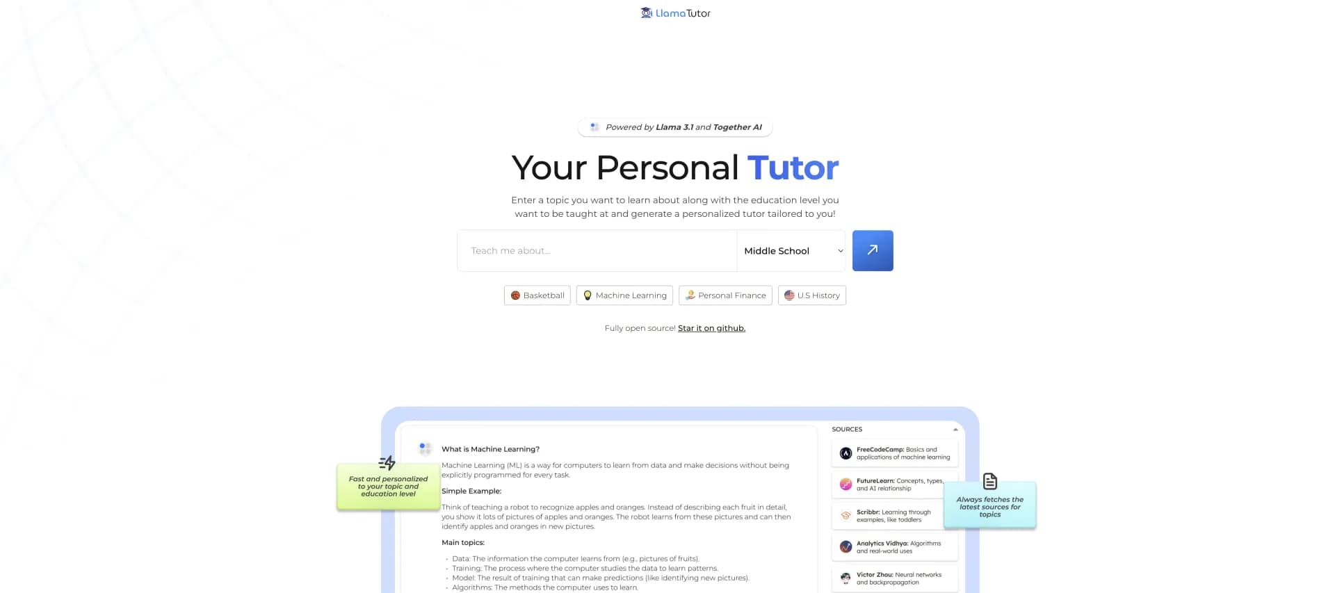 Llama Tutor homepage screenshot — AI-powered personal tutor for any topic