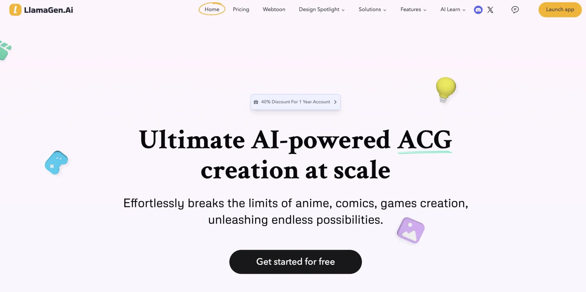 LlamaGen homepage screenshot — AI-powered anime, comics, and games creation at scale