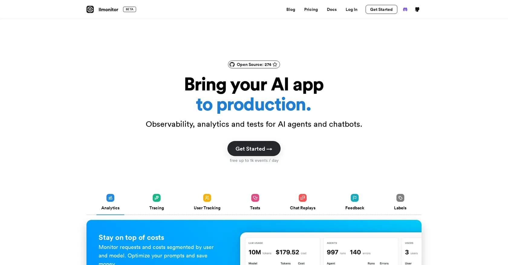 LLMonitor homepage screenshot — Observability and analytics for AI agents and chatbots