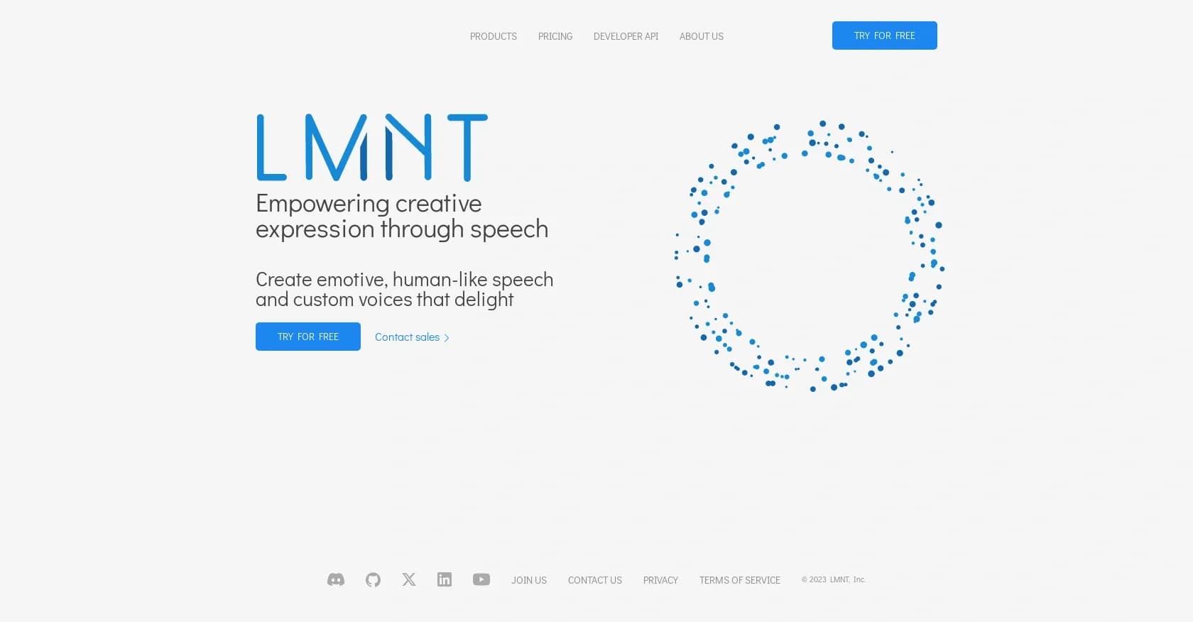 LMNT homepage screenshot — Realistic speech for VR gaming.