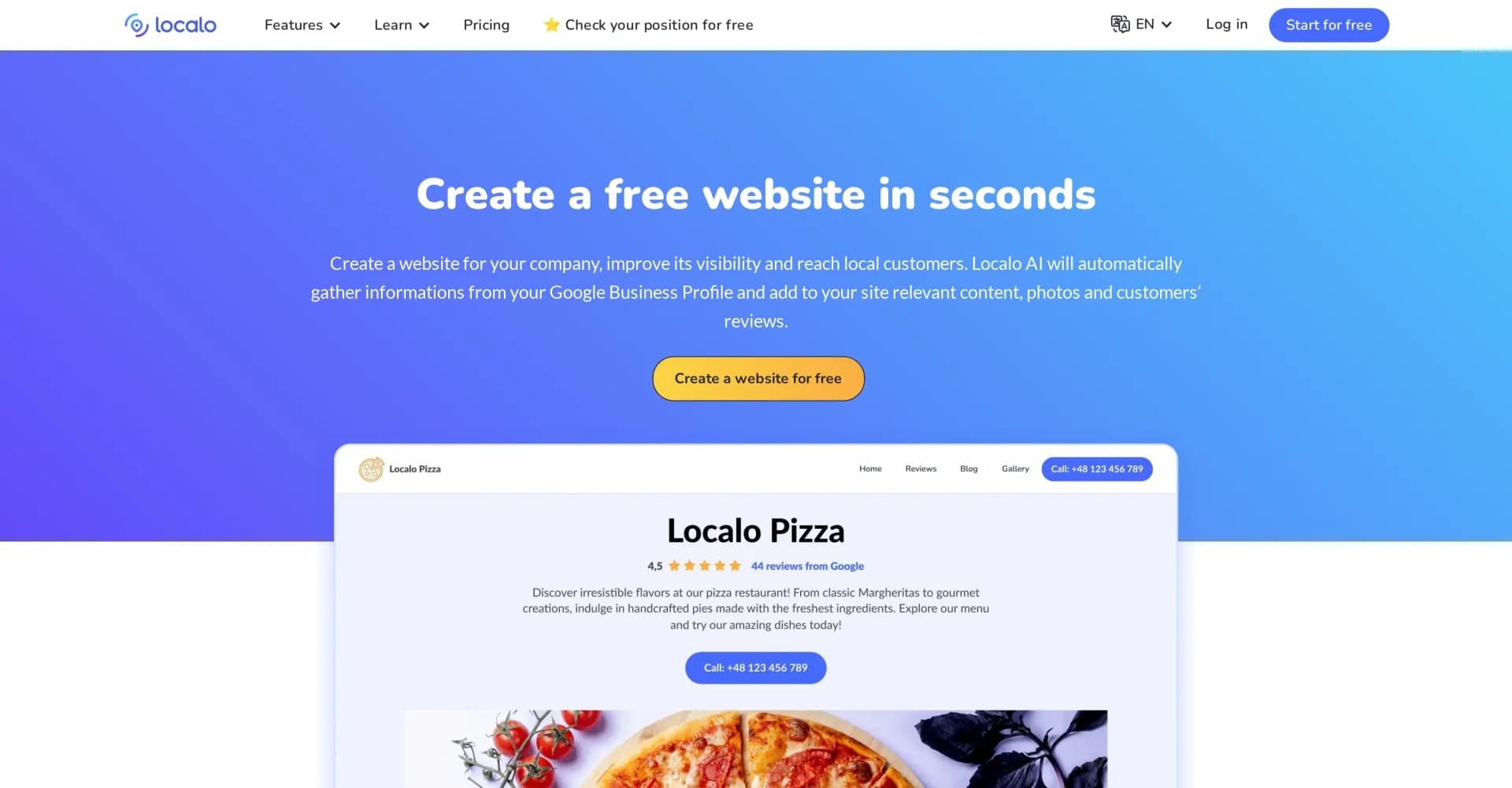 Localo Sites homepage screenshot — Create a free website for your business effortlessly