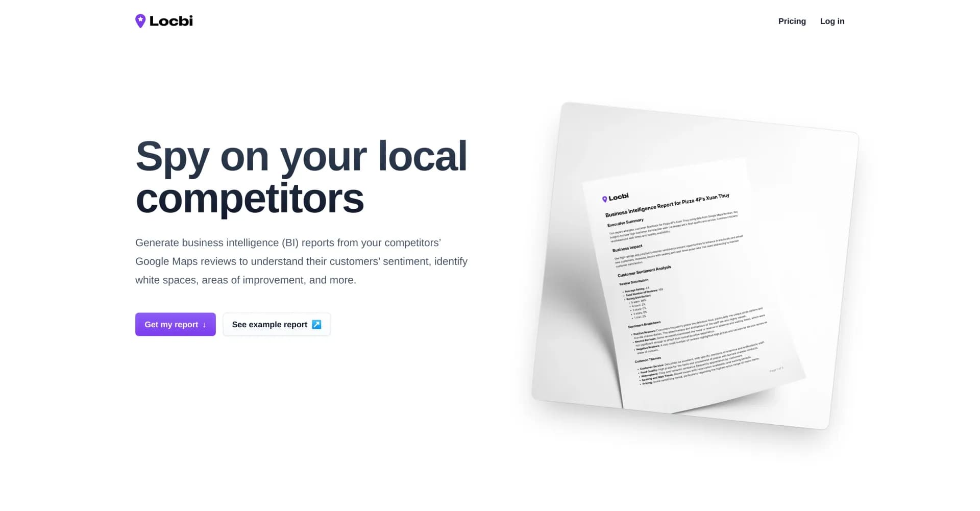 Locbi homepage screenshot — Generate BI reports from competitors' Google Maps reviews.