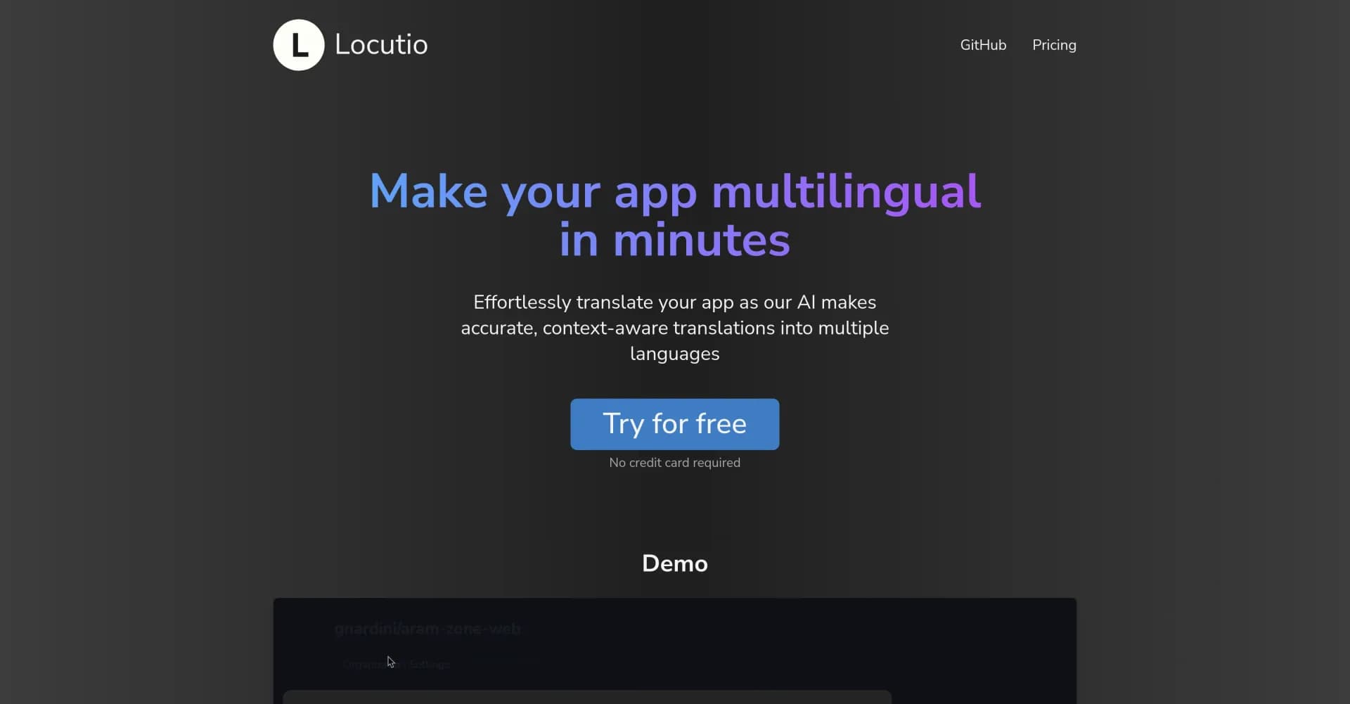 Locutio homepage screenshot — Make your app multilingual in minutes with AI.