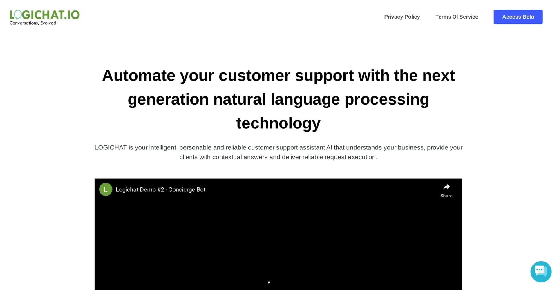 LogiChat homepage screenshot — Automate support with AI that understands your business.