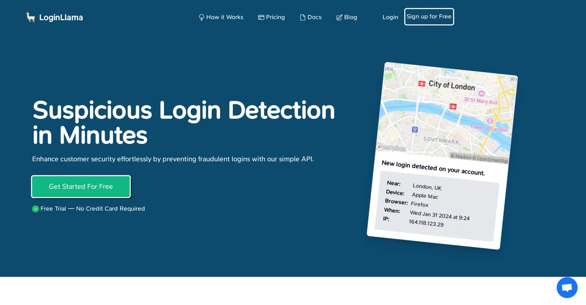 LoginLlama homepage screenshot — Detect suspicious logins to protect users from hackers.