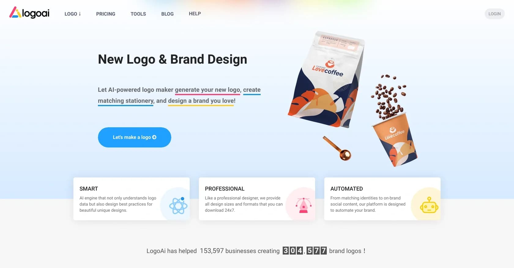 LogoAi homepage screenshot — AI-powered branding in seconds.