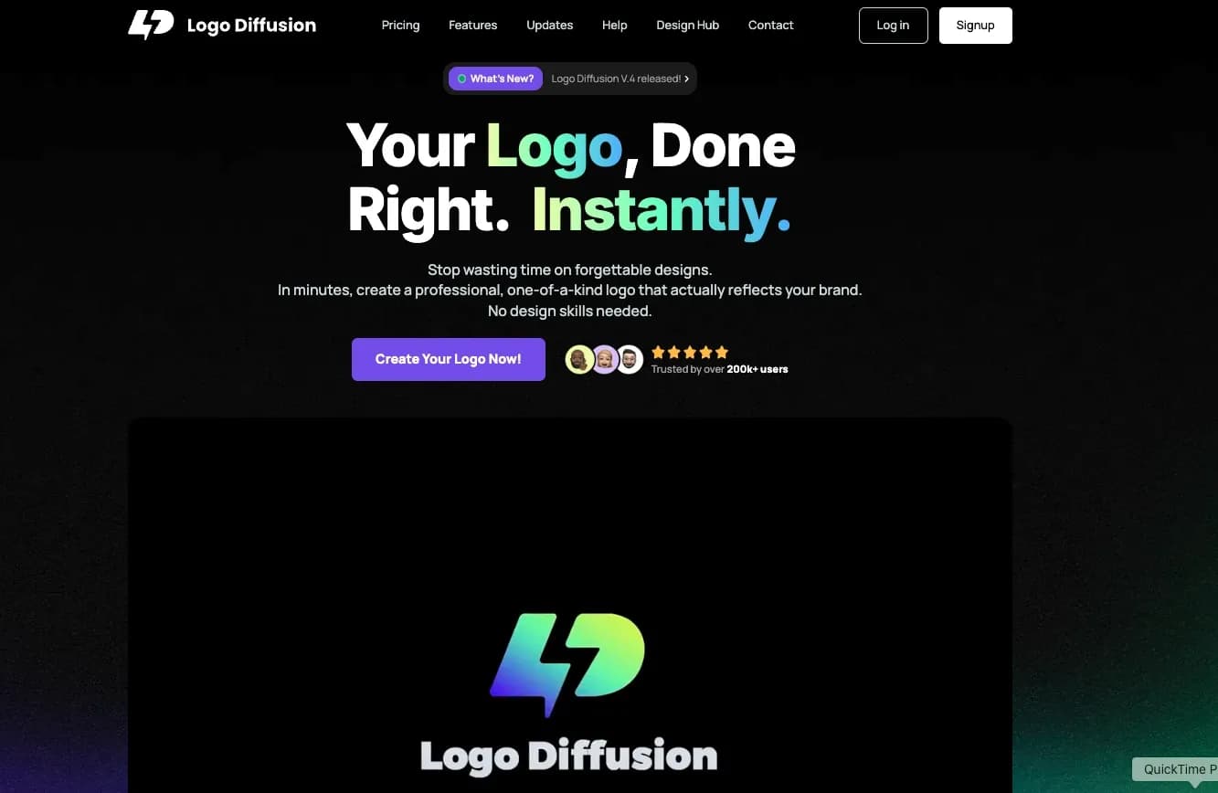Logodiffusionv5 homepage screenshot — Design custom logos instantly with AI.