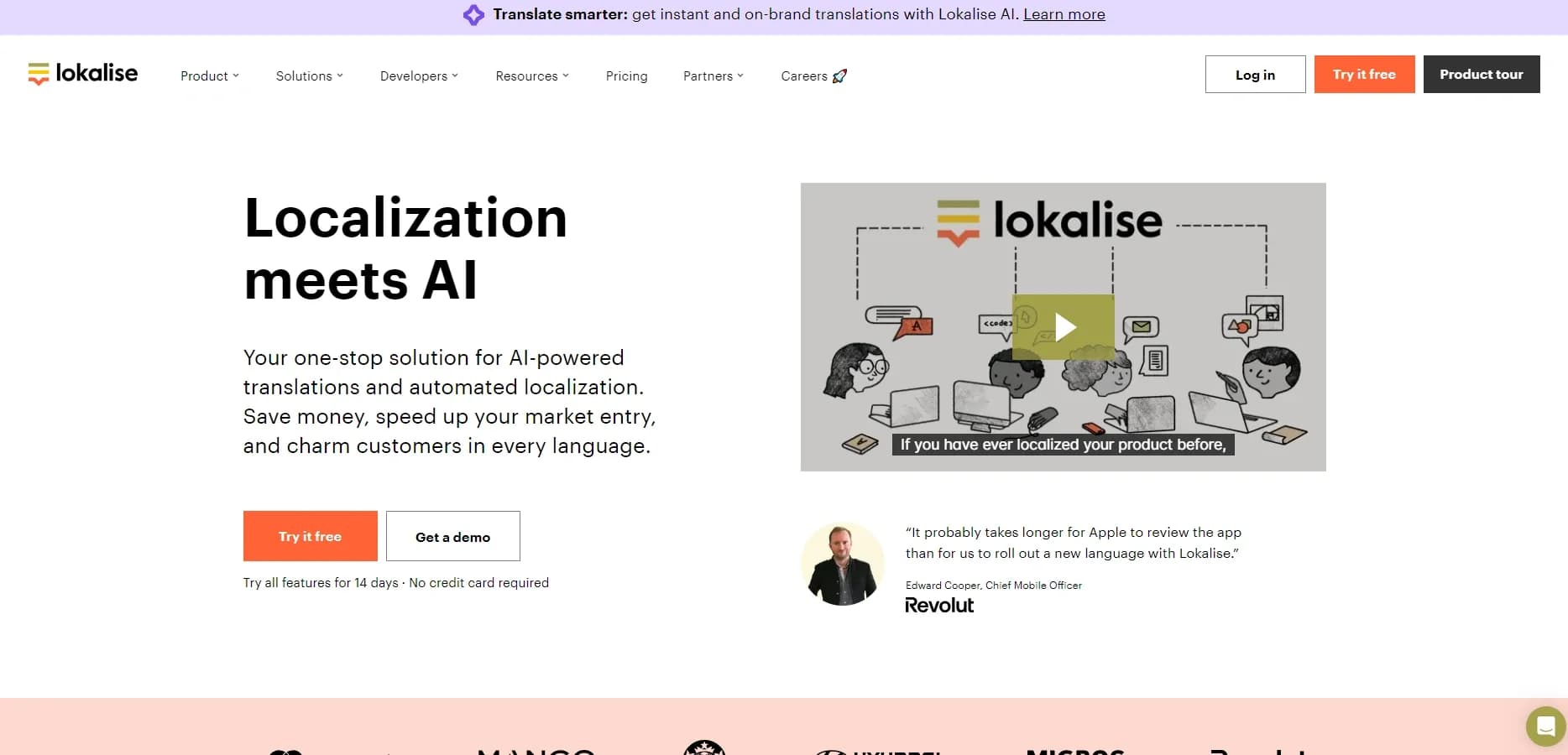 Lokalise homepage screenshot — Ship localized products faster with AI-powered translation.