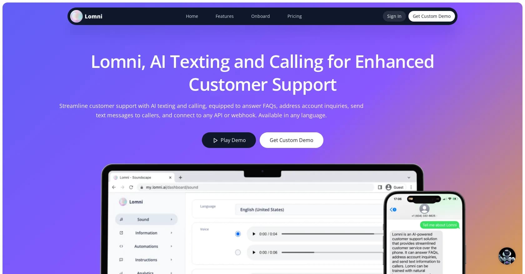 Lomni homepage screenshot — AI texting and calling for enhanced customer support