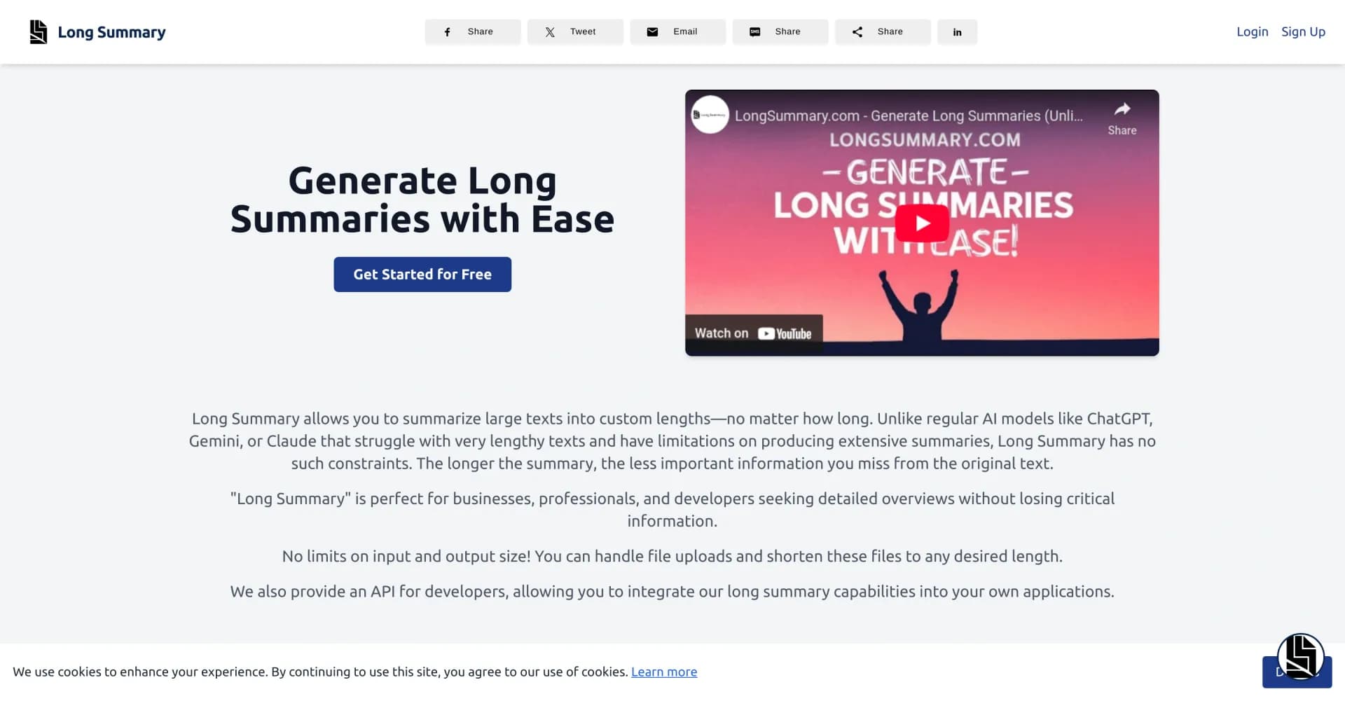 Long Summary homepage screenshot — Summarize unlimited text to any length.