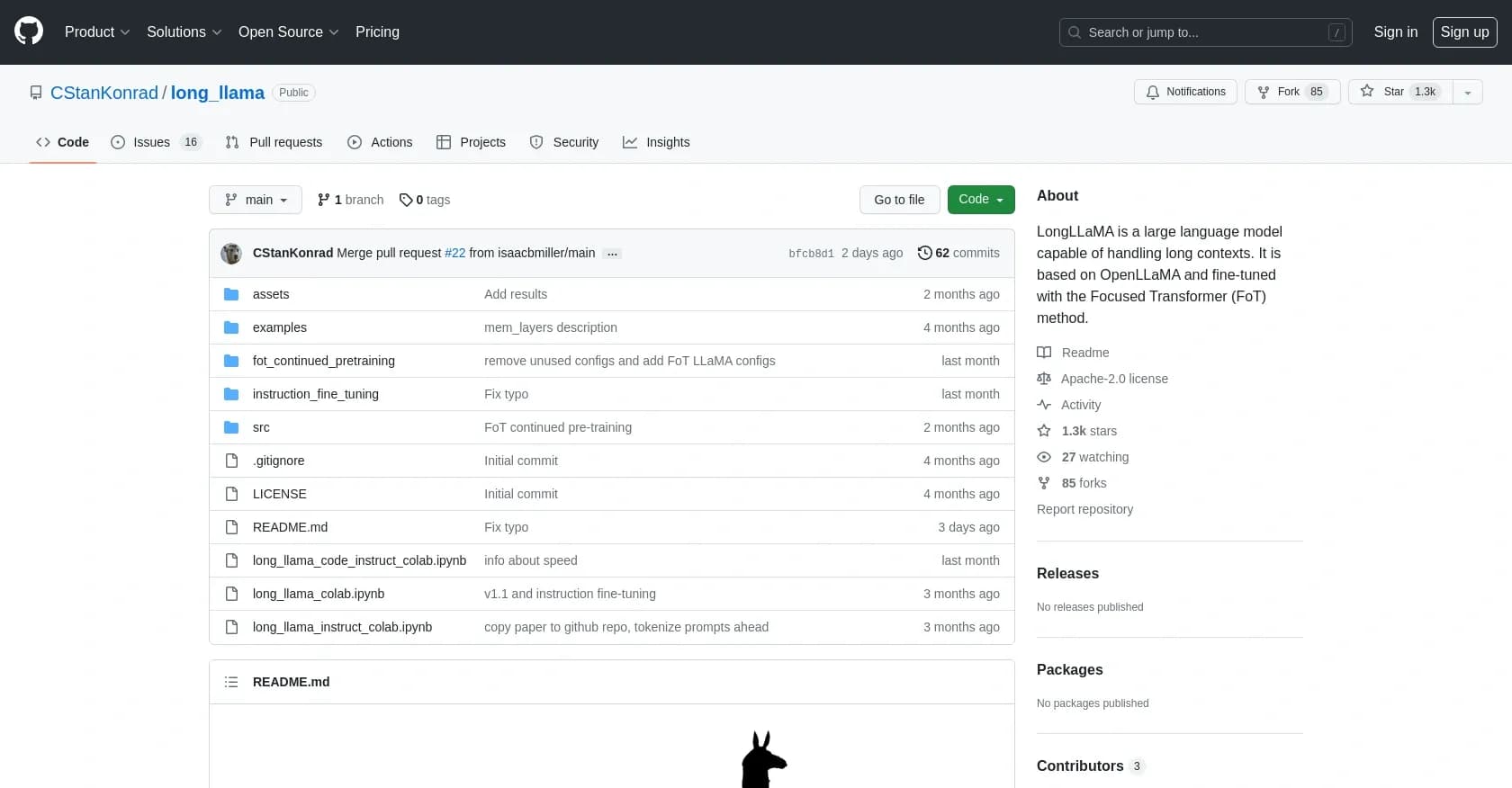 LongLLaMa homepage screenshot — Long-context AI that thinks big.