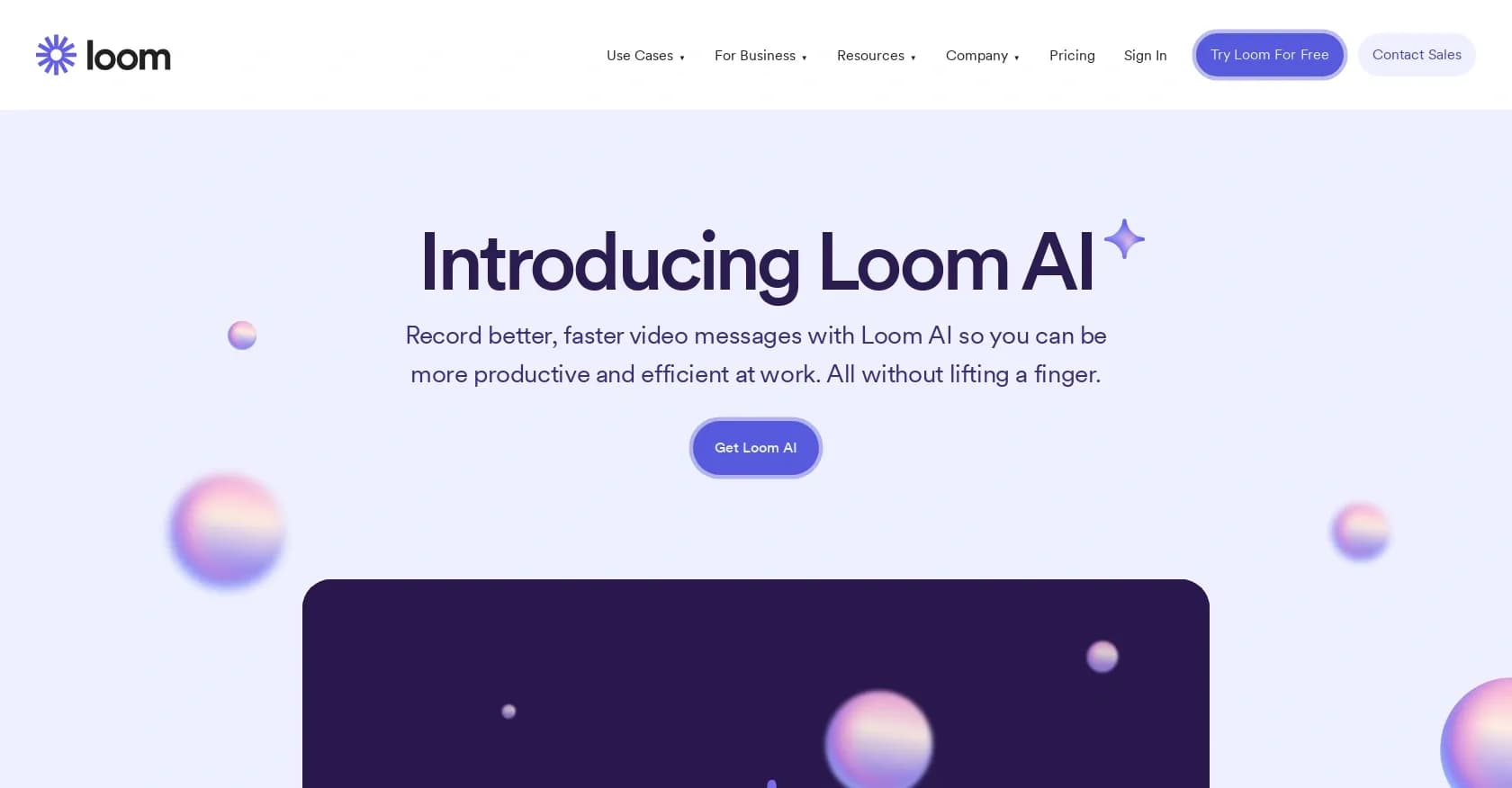 Loom AI homepage screenshot — Record smarter video messages with AI-powered efficiency.