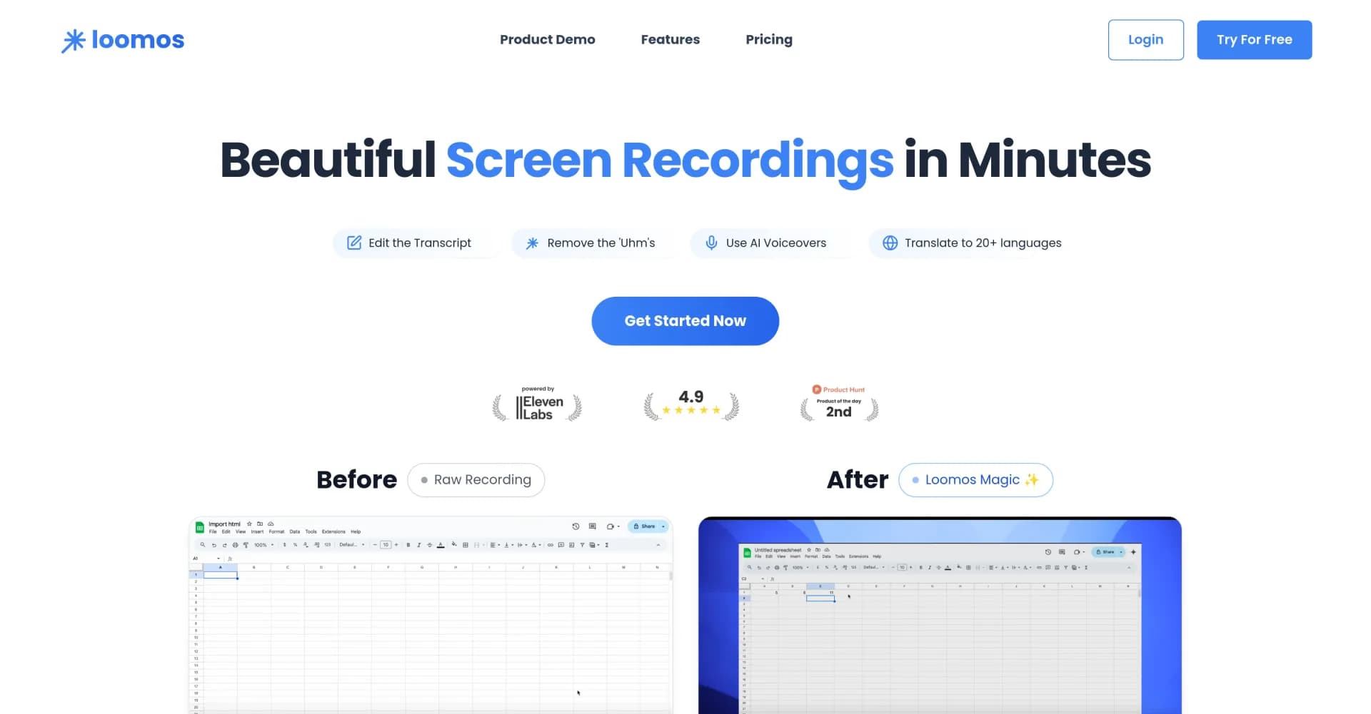 Loomos homepage screenshot — Create AI-powered product videos in minutes.