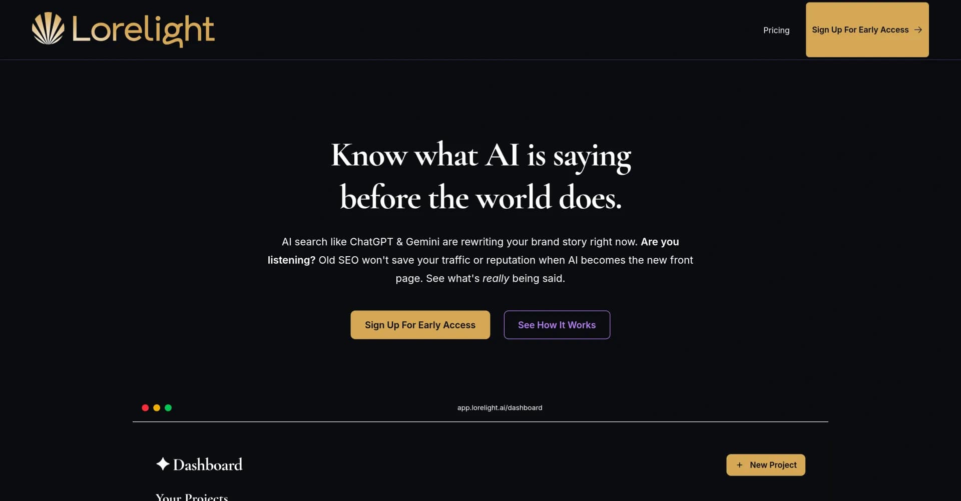 Lorelight homepage screenshot — Monitor your brand’s AI narrative and share of voice in real