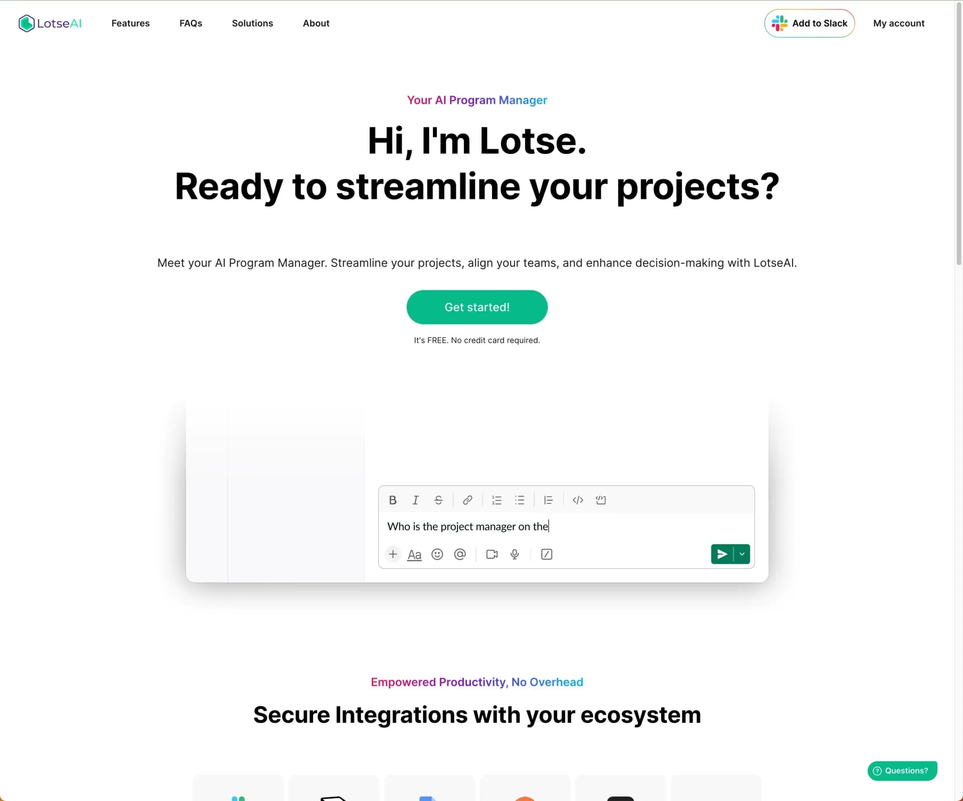 Lotse homepage screenshot — Streamline Projects, Supercharge with AI